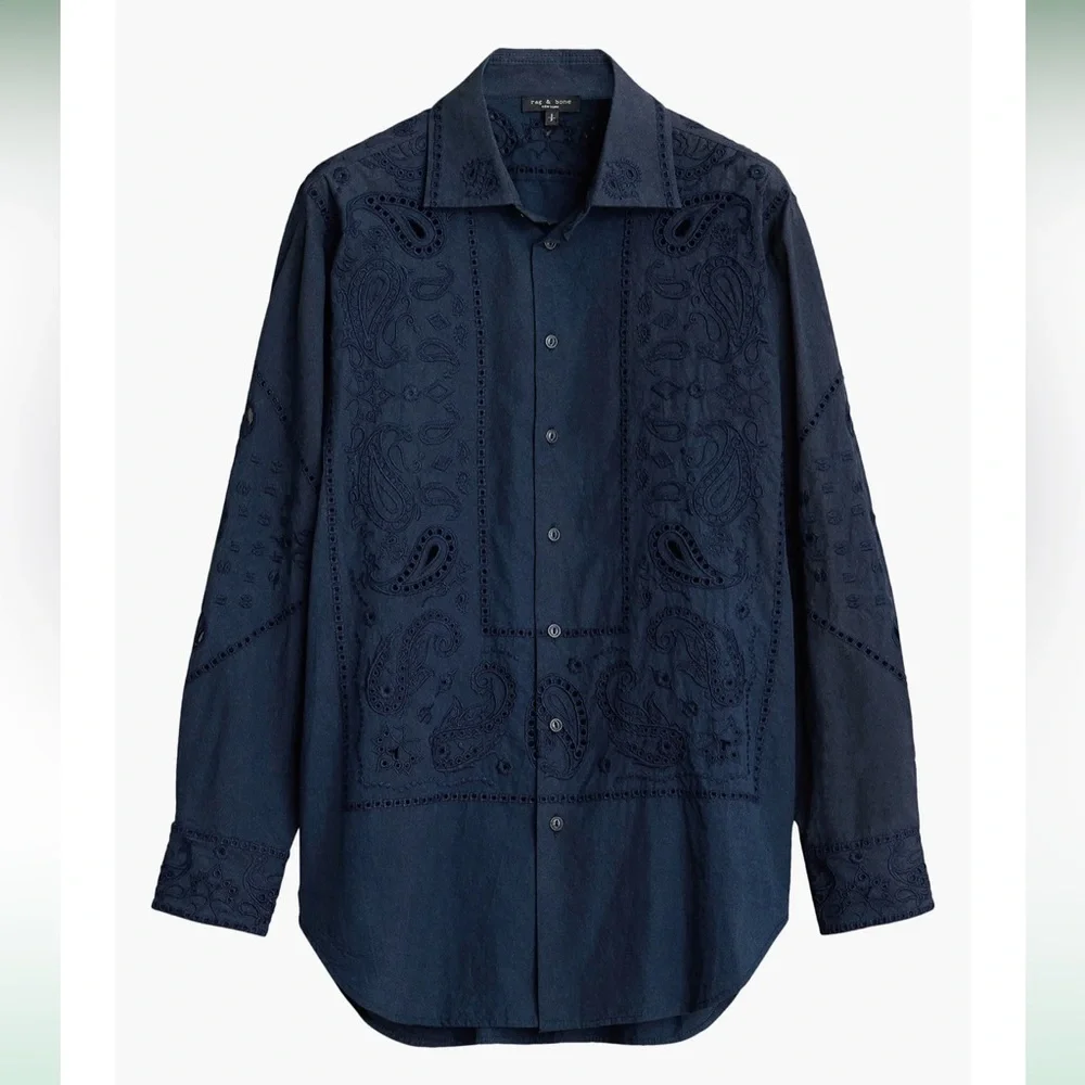 Rag & Bone Vivian Navy Paisley Embroidered Eyelet Button Down Shirt L - Picture 4 of 10